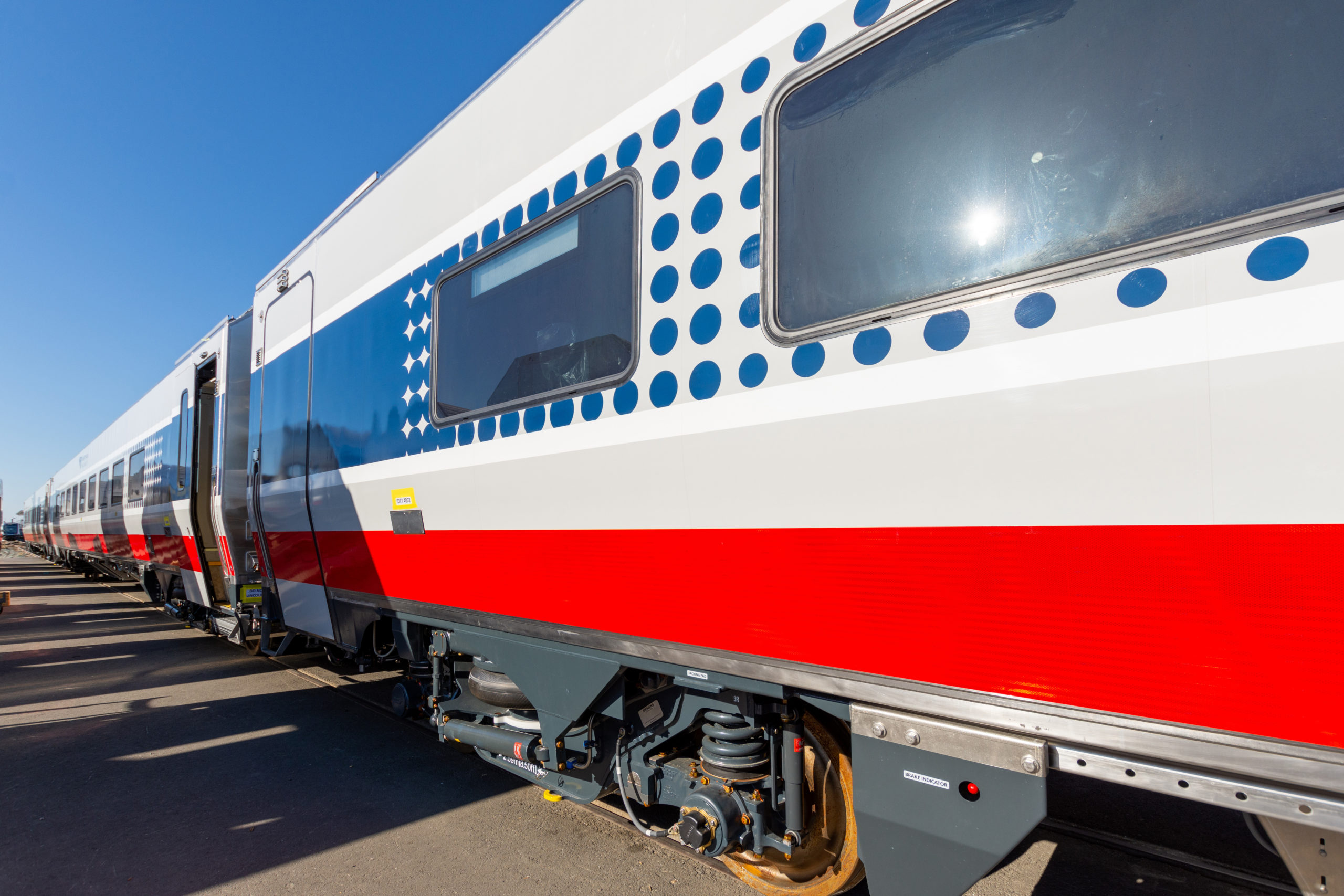 Exterior view of new "Amtrak Midwest" passenger car