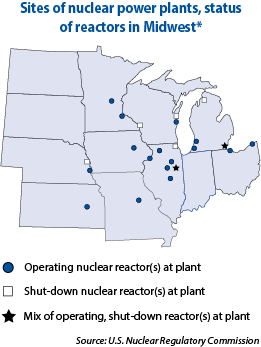 Map showing sites of nuclear power plants and the status of the reactors in Midwest. 