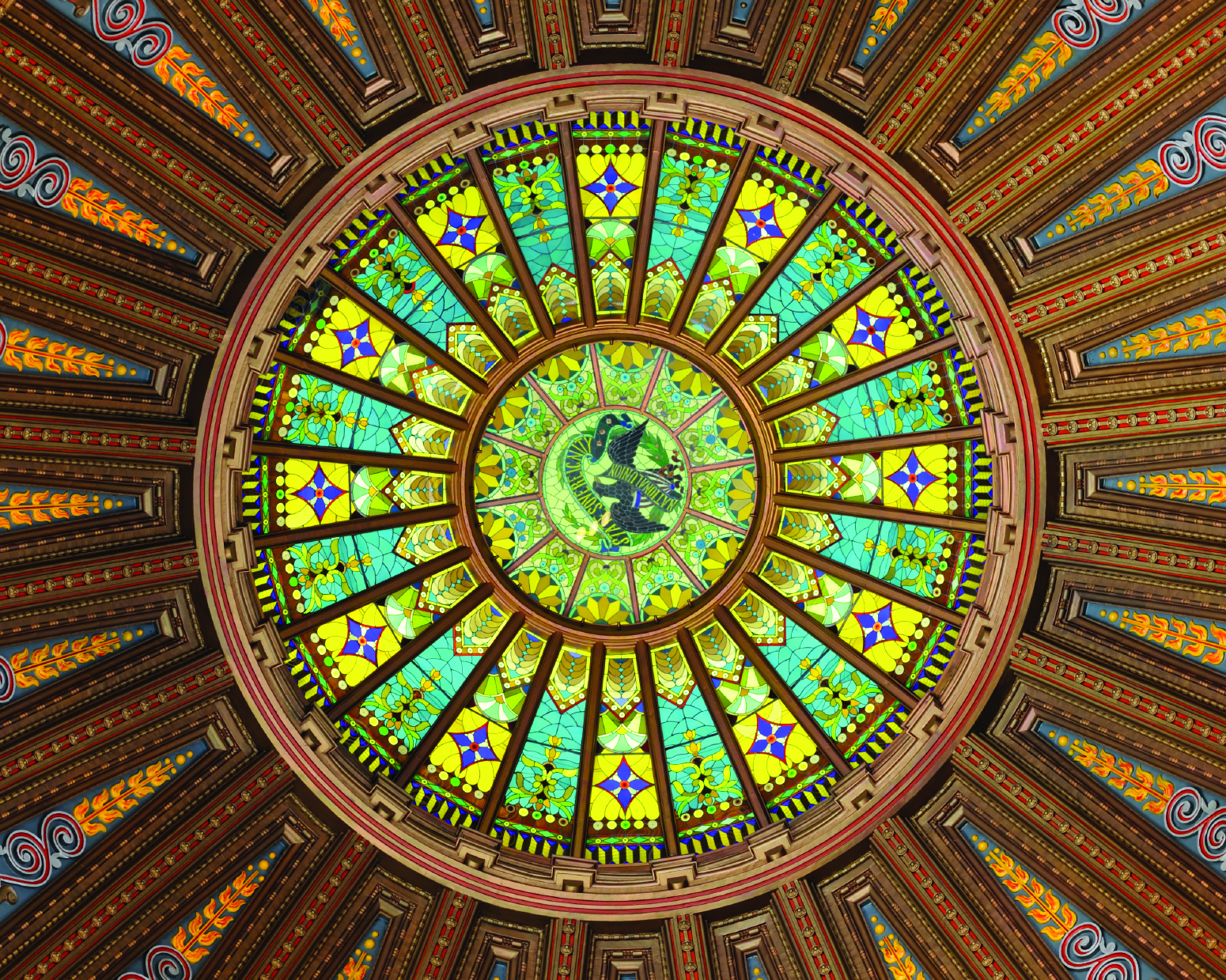 The stained glass ceiling of the Illinois State Capitol dome.