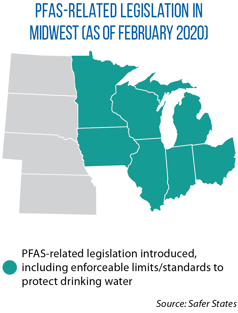 Map of Midwestern states where PFAS-related legislation has been introduced as of February 2020