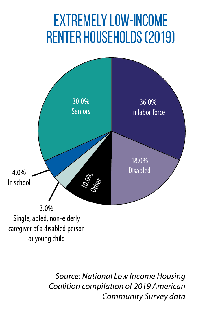 Pie chart showing makeup of all U.S. extremely low-income households by % in 2019