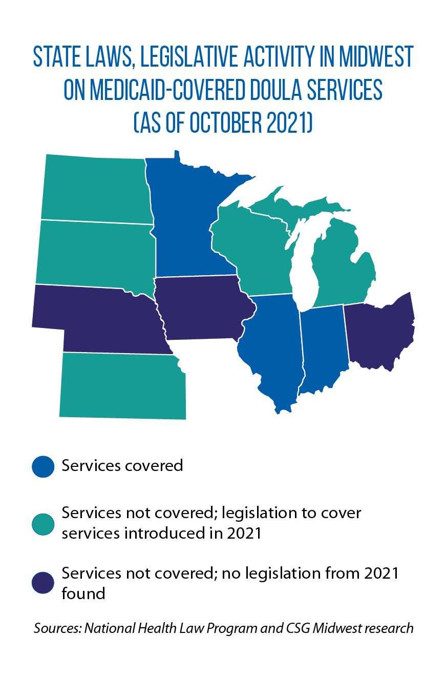 Map showing Midwestern state laws, legislation for Medicaid-covered doula services as of October 2021