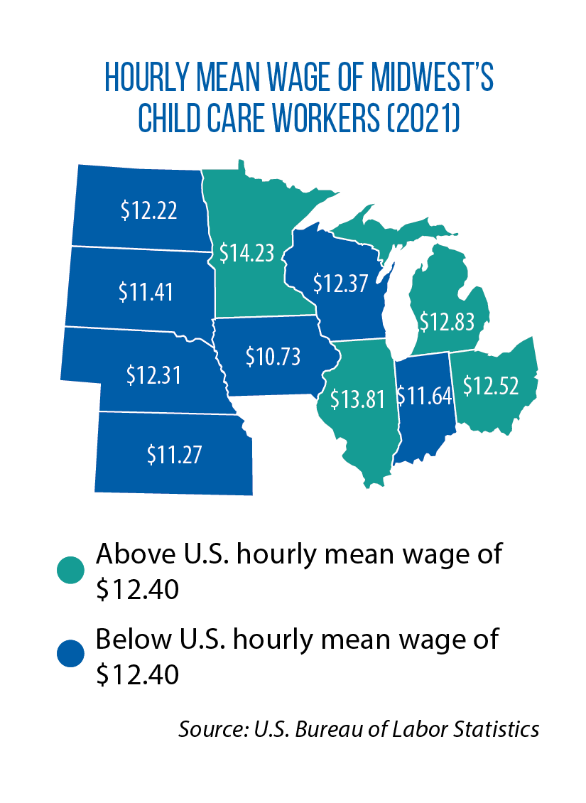 Map showing hourly mean wage of child care workers in Midwestern states as of 2021