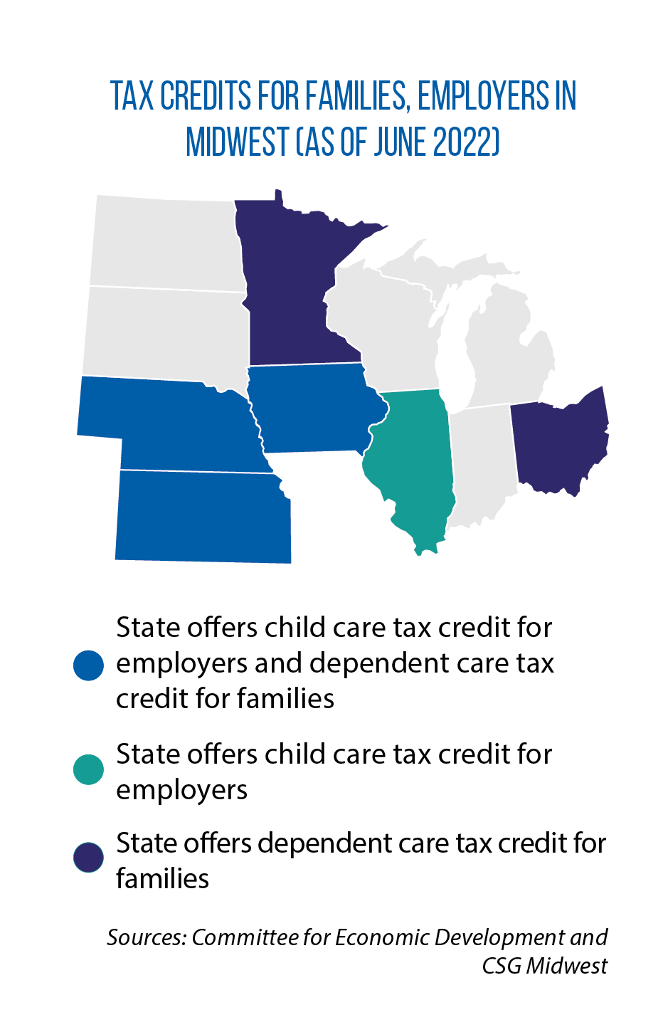 Map of child care tax credits available for families, employers in Midwestern states as of June 2022