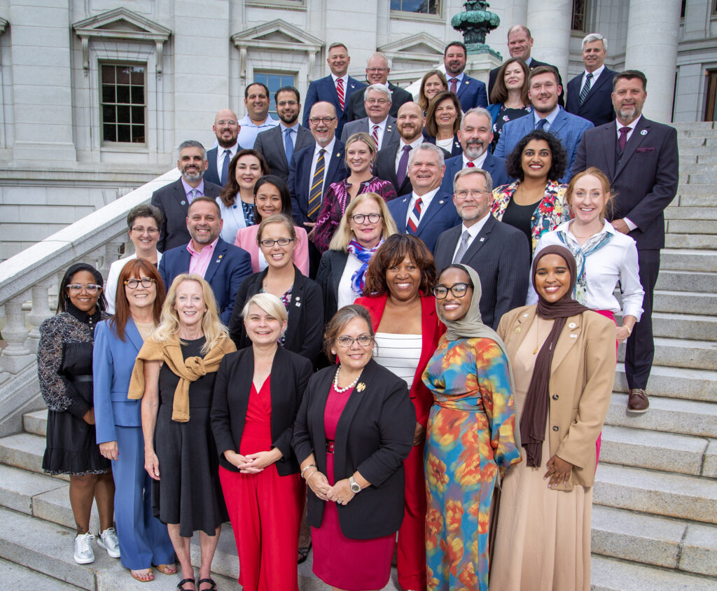 A group photo of the Bowhay Institute for Legislative Leadership Development's 2024 class, taken on the steps of Wisconsin's Capitol in Madison, Wis.