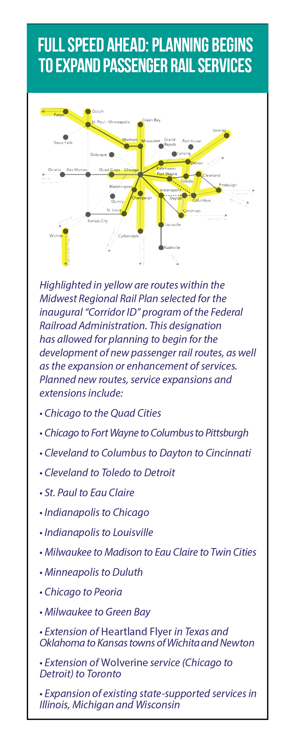 Map and list of passenger rail routes in the 2021 Midwest Regional Rail Plan that have been selected for the federal Corridor Identification & Development program.